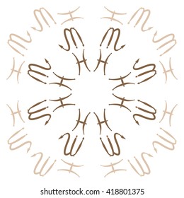 Circular pattern of zodiac signs, doodles, object,pisces,scorpio,  copy space. Hand drawn.