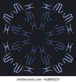 Circular pattern of zodiac signs, doodles, object,pisces,scorpio,  copy space. Hand drawn.