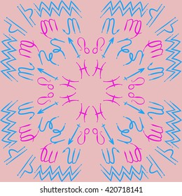 Circular pattern  of zodiac signs, doodles, object,pisces,aquarius,capricorn,virgo,sagittarius,scorpio,libra, lion. Hand drawn.