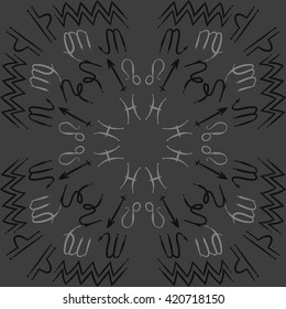 Circular pattern  of zodiac signs, doodles, object,pisces,aquarius,capricorn,virgo,sagittarius,scorpio,libra, lion. Hand drawn.