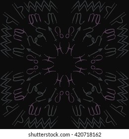 Circular pattern  of zodiac signs, doodles, object,pisces,aquarius,capricorn,virgo,sagittarius,scorpio,libra, lion. Hand drawn.