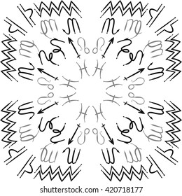 Circular pattern  of zodiac signs, doodles, object,pisces,aquarius,capricorn,virgo,sagittarius,scorpio,libra, lion. Hand drawn.