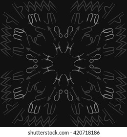 Circular pattern  of zodiac signs, doodles, object,pisces,aquarius,capricorn,virgo,sagittarius,scorpio,libra, lion. Hand drawn.