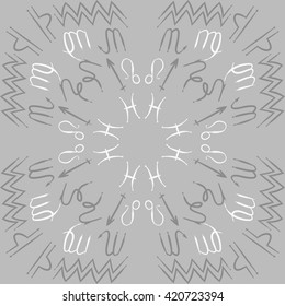 Circular pattern  of zodiac signs, doodles, object,pisces,aquarius,capricorn,virgo,sagittarius,scorpio,libra, lion. Hand drawn.