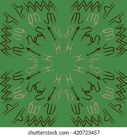 Circular pattern  of zodiac signs, doodles, object,pisces,aquarius,capricorn,virgo,sagittarius,scorpio,libra, lion. Hand drawn.
