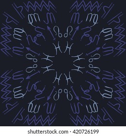 Circular pattern  of zodiac signs, doodles, object,pisces,aquarius,capricorn,virgo,sagittarius,scorpio,libra, lion. Hand drawn.