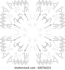 Circular pattern  of zodiac signs, doodles, object,pisces,aquarius,capricorn,virgo,sagittarius,scorpio,libra, lion. Hand drawn.