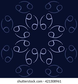 Circular  pattern  of zodiac signs, doodles, object,cancer, copy space. Hand drawn.