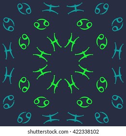 Circular pattern  of zodiac signs, doodles, object,cancer, pisces, copy space. Hand drawn.