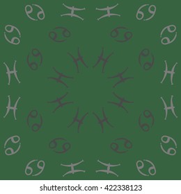 Circular pattern  of zodiac signs, doodles, object,cancer, pisces, copy space. Hand drawn.