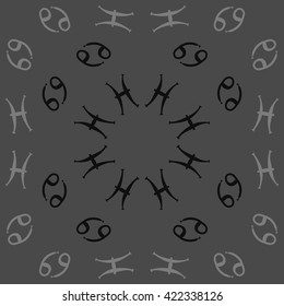 Circular pattern  of zodiac signs, doodles, object,cancer, pisces, copy space. Hand drawn.