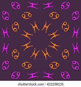 Circular pattern  of zodiac signs, doodles, object,cancer, pisces, copy space. Hand drawn.
