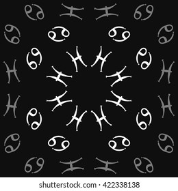 Circular pattern  of zodiac signs, doodles, object,cancer, pisces, copy space. Hand drawn.