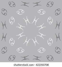 Circular pattern  of zodiac signs, doodles, object,cancer, pisces, copy space. Hand drawn.