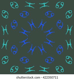 Circular pattern  of zodiac signs, doodles, object,cancer, pisces, copy space. Hand drawn.