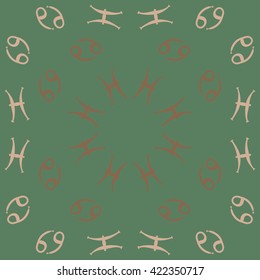 Circular pattern  of zodiac signs, doodles, object,cancer, pisces, copy space. Hand drawn.