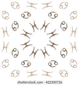 Circular pattern  of zodiac signs, doodles, object,cancer, pisces, copy space. Hand drawn.