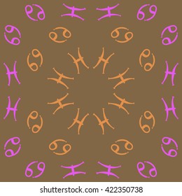Circular pattern  of zodiac signs, doodles, object,cancer, pisces, copy space. Hand drawn.