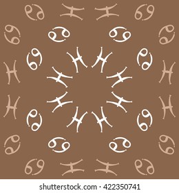 Circular pattern  of zodiac signs, doodles, object,cancer, pisces, copy space. Hand drawn.