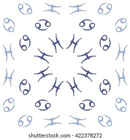 Circular pattern  of zodiac signs, doodles, object,cancer, pisces, copy space. Hand drawn.