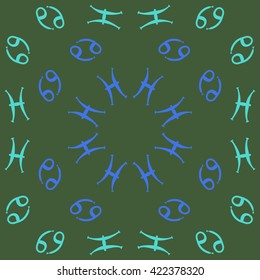 Circular pattern  of zodiac signs, doodles, object,cancer, pisces, copy space. Hand drawn.