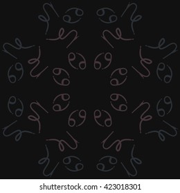 Circular pattern  of zodiac signs, doodles, object,cancer, capricorns, copy space. Hand drawn.