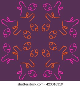 Circular pattern  of zodiac signs, doodles, object,cancer, capricorns, copy space. Hand drawn.