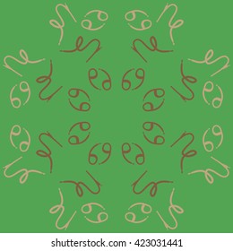 Circular pattern  of zodiac signs, doodles, object,cancer, capricorns, copy space. Hand drawn.