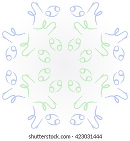 Circular pattern  of zodiac signs, doodles, object,cancer, capricorns, copy space. Hand drawn.