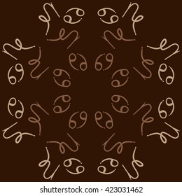 Circular pattern  of zodiac signs, doodles, object,cancer, capricorns, copy space. Hand drawn.