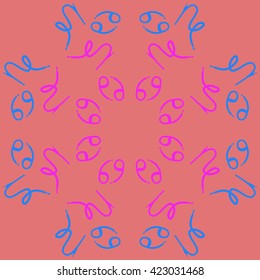 Circular pattern  of zodiac signs, doodles, object,cancer, capricorns, copy space. Hand drawn.