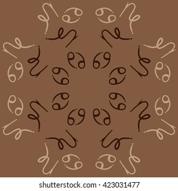 Circular pattern  of zodiac signs, doodles, object,cancer, capricorns, copy space. Hand drawn.