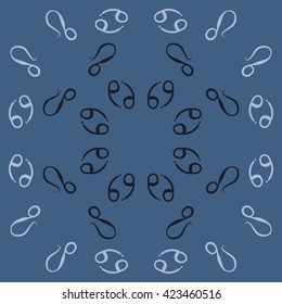 Circular pattern  of zodiac signs, doodles, object,cancer, lion, copy space. Hand drawn.