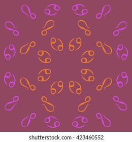 Circular pattern  of zodiac signs, doodles, object,cancer, lion, copy space. Hand drawn.