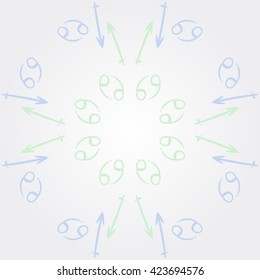 Circular pattern  of zodiac signs, doodles, object,cancer,sagittarius, copy space. Hand drawn.