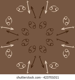 Circular pattern  of zodiac signs, doodles, object,cancer,sagittarius, copy space. Hand drawn.