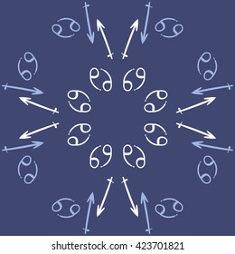 Circular pattern  of zodiac signs, doodles, object,cancer,sagittarius, copy space. Hand drawn.