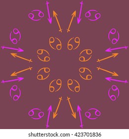 Circular pattern  of zodiac signs, doodles, object,cancer,sagittarius, copy space. Hand drawn.
