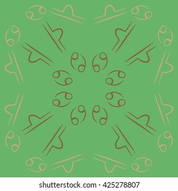 Circular pattern  of zodiac signs, doodles, object,cancer,libra. Hand drawn.