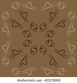 Circular pattern  of zodiac signs, doodles, object,cancer,libra. Hand drawn.
