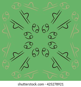 Circular pattern  of zodiac signs, doodles, object,cancer,libra. Hand drawn.