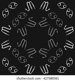 Circular pattern  of zodiac signs, doodles, object,cancer,scorpio,  copy space. Hand drawn.