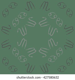 Circular pattern  of zodiac signs, doodles, object,cancer,scorpio,  copy space. Hand drawn.