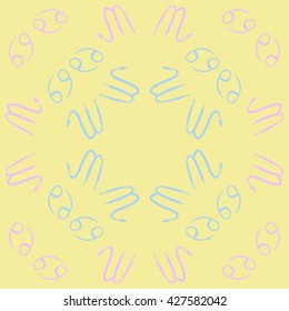 Circular pattern  of zodiac signs, doodles, object,cancer,scorpio,  copy space. Hand drawn.