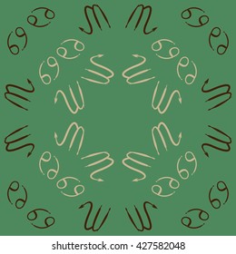 Circular pattern  of zodiac signs, doodles, object,cancer,scorpio,  copy space. Hand drawn.