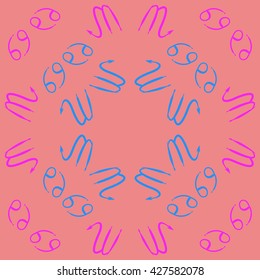 Circular pattern  of zodiac signs, doodles, object,cancer,scorpio,  copy space. Hand drawn.