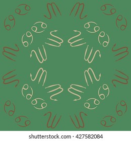 Circular pattern  of zodiac signs, doodles, object,cancer,scorpio,  copy space. Hand drawn.