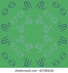 Circular pattern  of zodiac signs, doodles, object,cancer,scorpio,  copy space. Hand drawn.