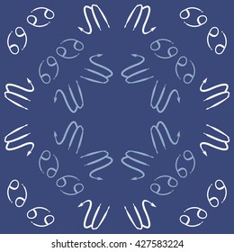 Circular pattern  of zodiac signs, doodles, object,cancer,scorpio,  copy space. Hand drawn.