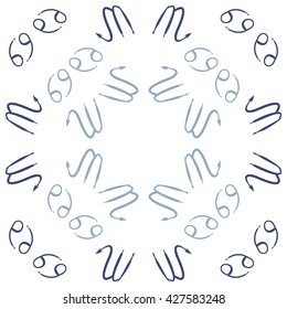 Circular pattern  of zodiac signs, doodles, object,cancer,scorpio,  copy space. Hand drawn.